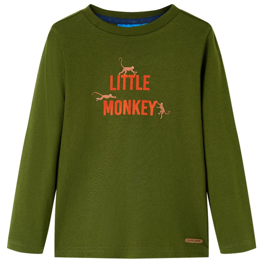 Kids' T-shirt with Long Sleeves Little Monkey Print Dark Khaki 92