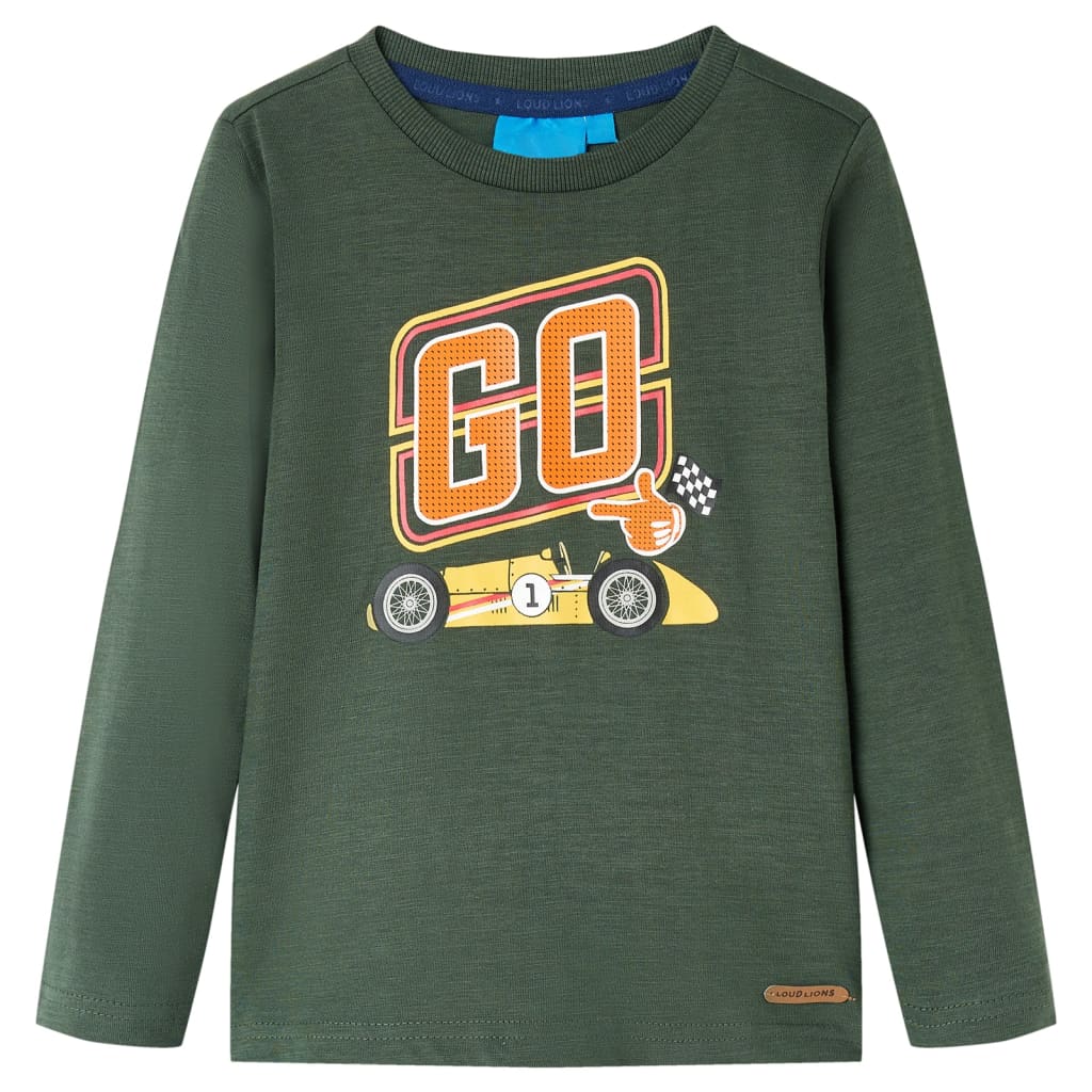 Kids' T-shirt with Long Sleeves Racing Car Print Dark Green 92