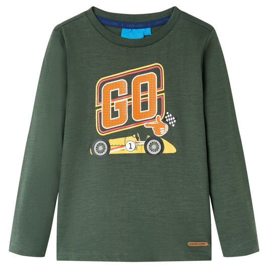 Kids' T-shirt with Long Sleeves Racing Car Print Dark Green 92