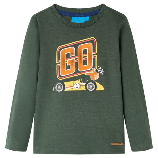 Kids' T-shirt with Long Sleeves Racing Car Print Dark Green 104