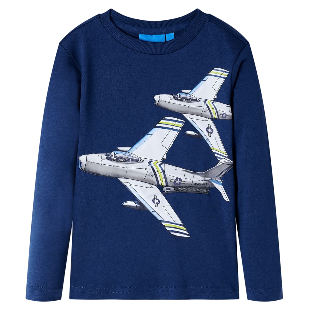 Kids' T-shirt with Long Sleeves Plane Print Navy Blue 128