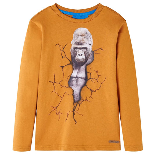 Kids' T-shirt with Long Sleeves Gorilla Print Dark Ochre 92
