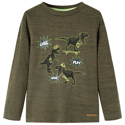 Kids' T-shirt with Long Sleeves Dinosaur Print Dark Khaki Melange 104
