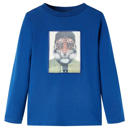 Kids' T-shirt with Long Sleeves Tiger Print Dark Blue 128