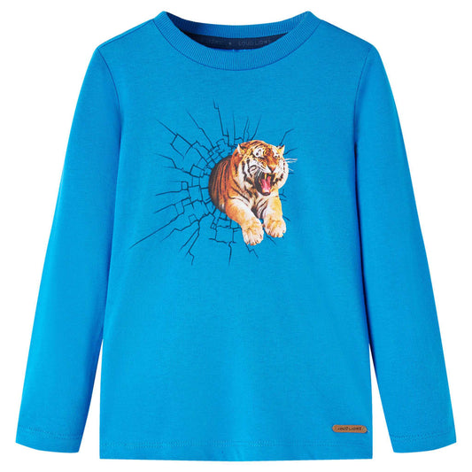 Kids' T-shirt with Long Sleeves Tiger Print Cobalt Blue 104