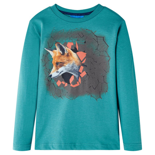 Kids' T-shirt with Long Sleeves Fox Print Dark Aqua 140