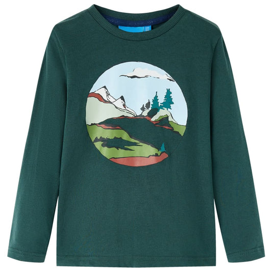 Kids' T-shirt with Long Sleeves Mountain and Tree Print Dark Green 116