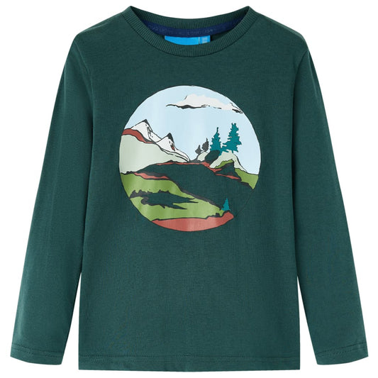Kids' T-shirt with Long Sleeves Mountain and Tree Print Dark Green 140