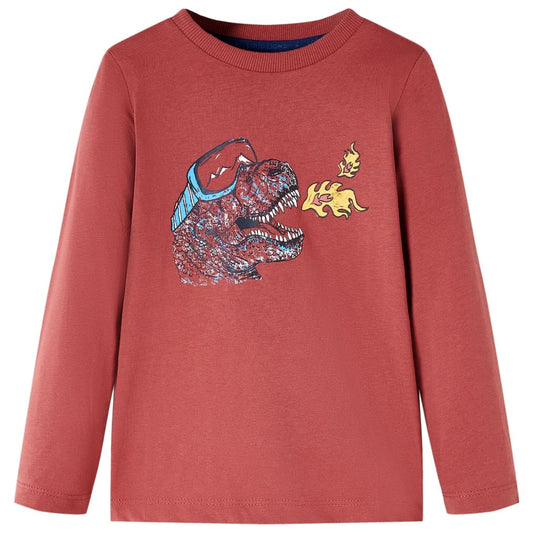Kids' T-shirt with Long Sleeves Dinosaur Print Burnt Red 140