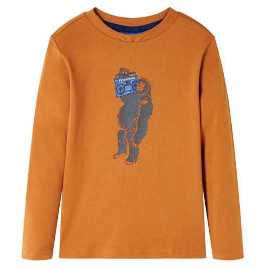 Kids' T-shirt with Long Sleeves Gorilla Print Dark Ochre 104