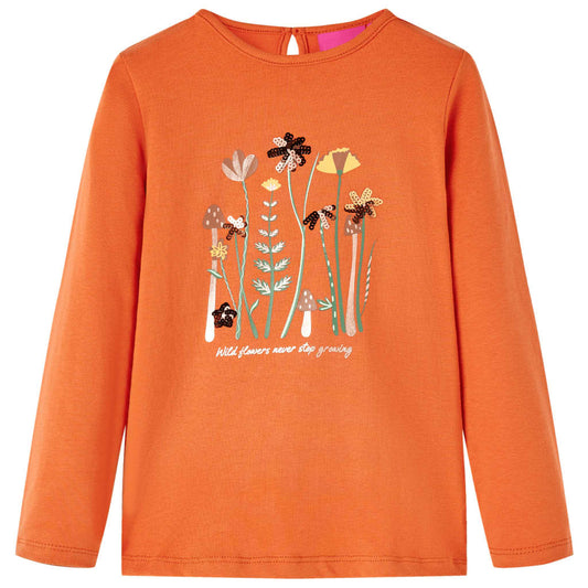 Kids' T-shirt with Long Sleeves Flowers Print Burnt Orange 92