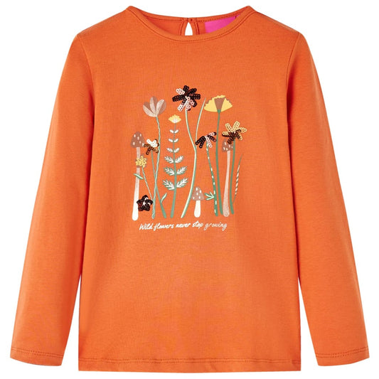 Kids' T-shirt with Long Sleeves Flowers Print Burnt Orange 116