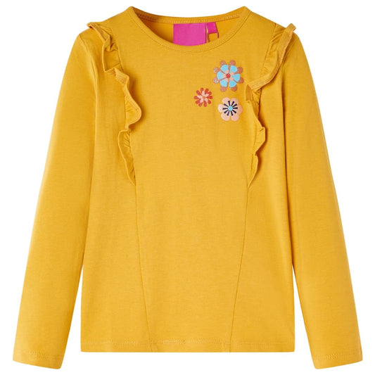 Kids' T-shirt with Long Sleeves Flowers Print Dark Ochre 104