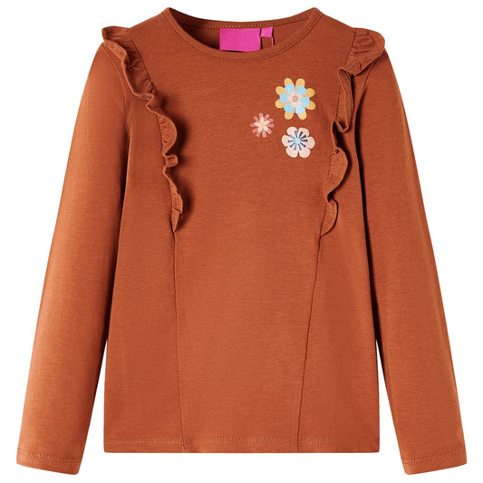 Kids' T-shirt with Long Sleeves Flowers Print Cognac 128