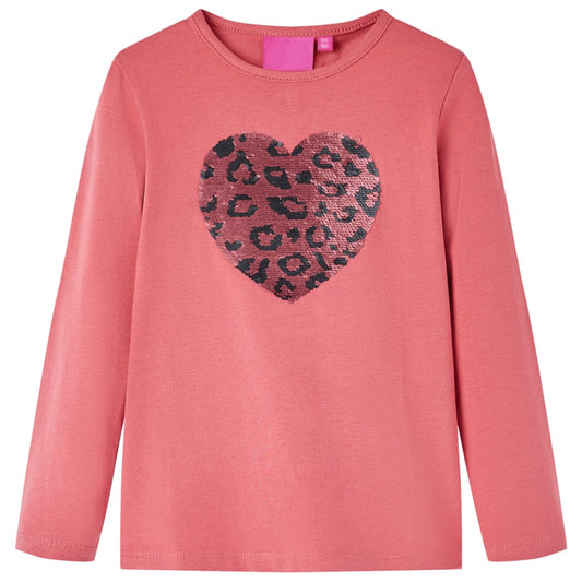 Kids' T-shirt with Long Sleeves Sequin Heart Design Old Pink 140