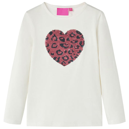Kids' T-shirt with Long Sleeves Sequin Heart Design Ecru 116