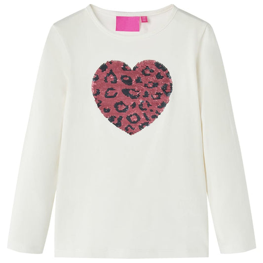 Kids' T-shirt with Long Sleeves Sequin Heart Design Ecru 140