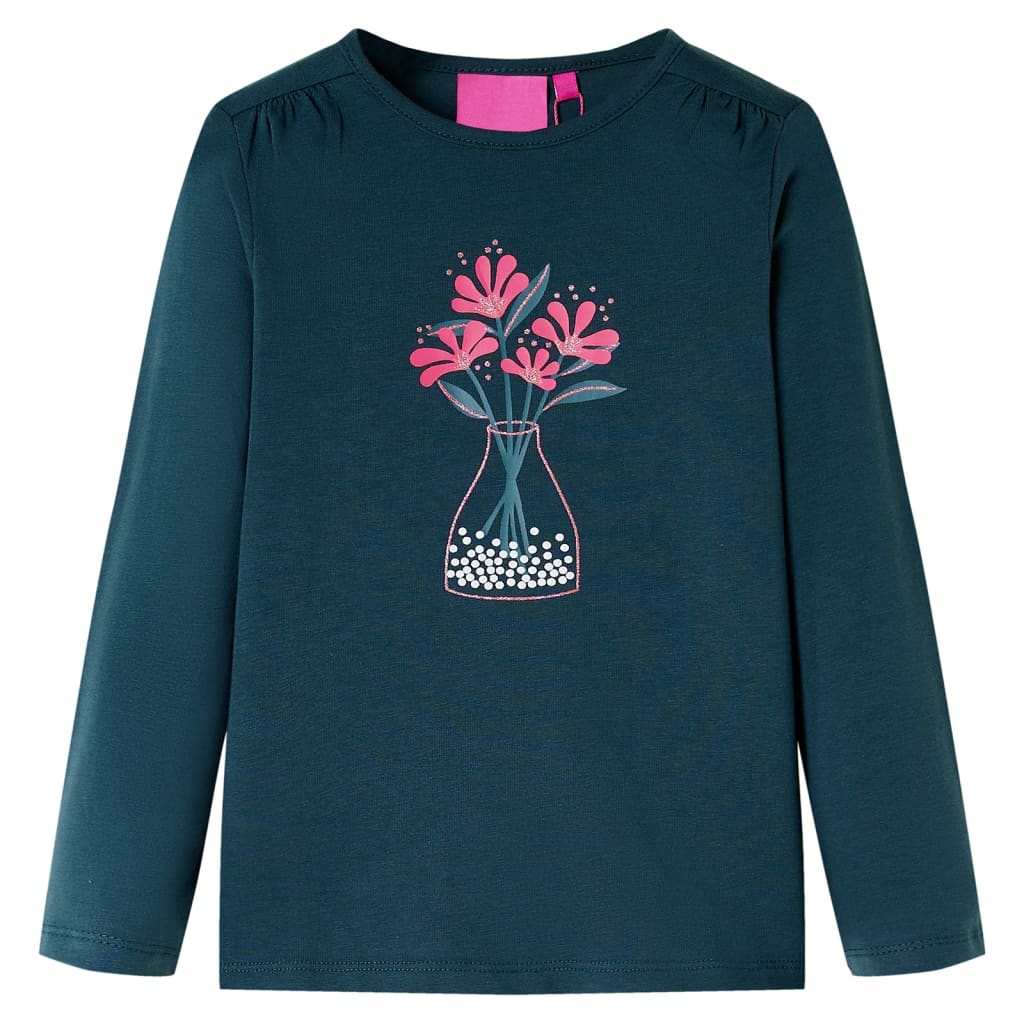 Kids' T-shirt with Long Sleeves Flower Print Dark Green 104