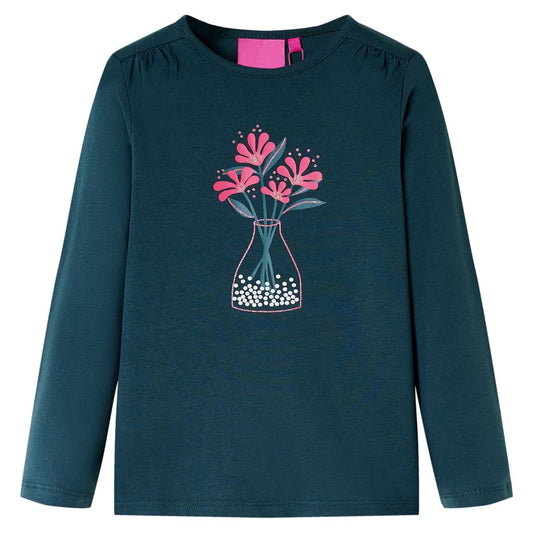 Kids' T-shirt with Long Sleeves Flower Print Dark Green 104