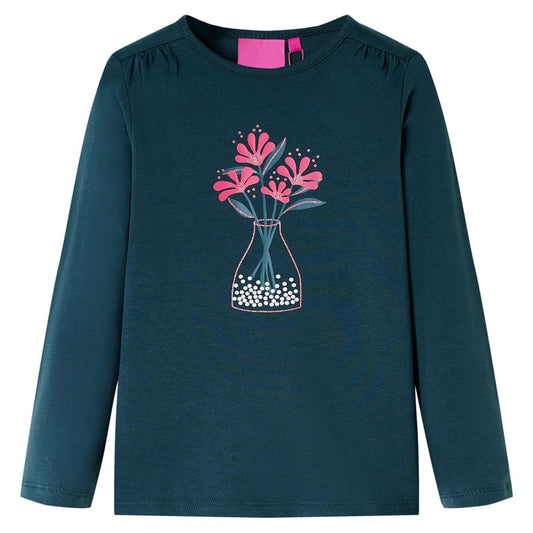 Kids' T-shirt with Long Sleeves Flower Print Dark Green 128