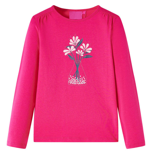 Kids' T-shirt with Long Sleeves Flower Print Bright Pink 116