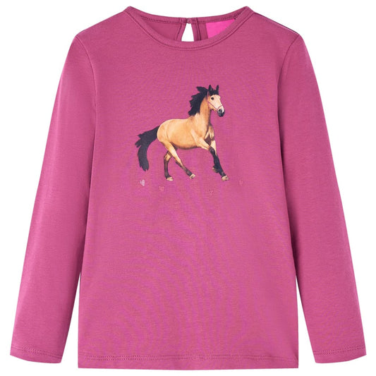 Kids' T-shirt with Long Sleeves Horse Print Raspberry 92