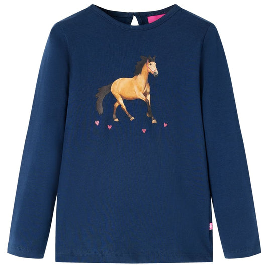 Kids' T-shirt with Long Sleeves Horse Print Navy Blue 92
