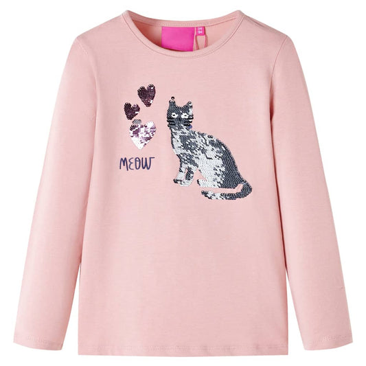 Kids' T-shirt with Long Sleeves Sequin Cat Design Light Pink 128