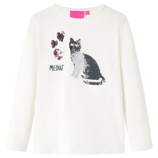 Kids' T-shirt with Long Sleeves Sequin Cat Design Ecru 116