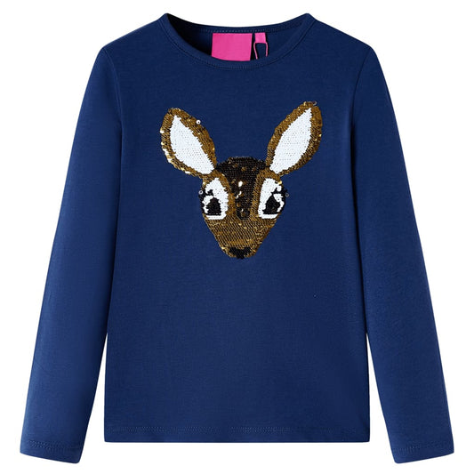 Kids' T-shirt with Long Sleeves Sequined Deer Navy 128