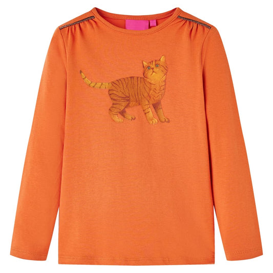 Kids' T-shirt with Long Sleeves Cat Print Burnt Orange 104