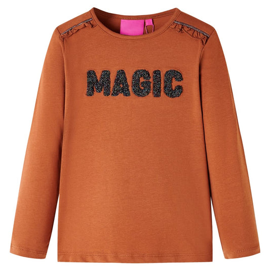 Kids' T-shirt with Long Sleeves Glitter Word Design Cognac 128