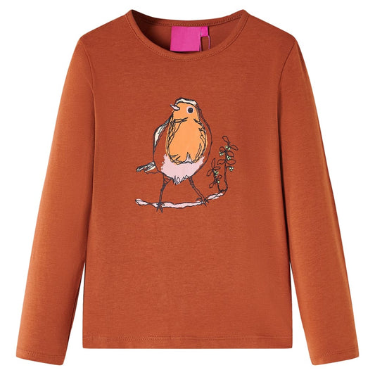 Kids' T-shirt with Long Sleeves Bird Print Cognac 140