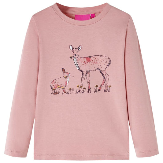 Kids' T-shirt with Long Sleeves Deer and Rabbit Print Pink 140