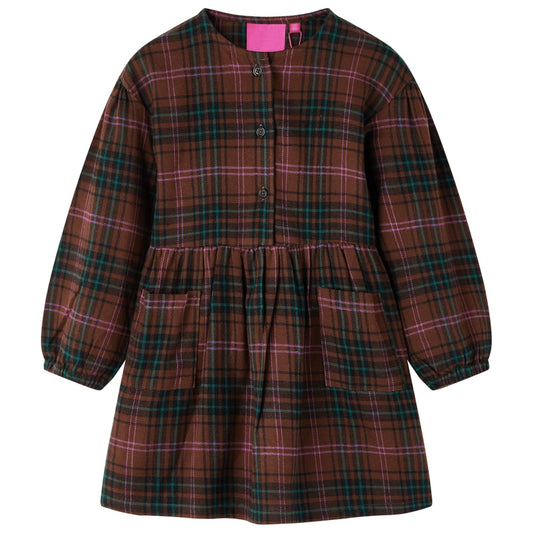 Kids' Dress with Long Sleeves Plaid Pattern Cognac 116