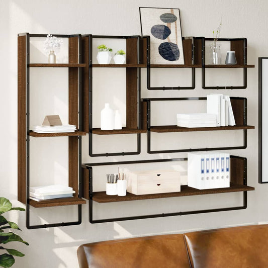 vidaXL 6 Piece Wall Shelf Set with Bars Brown Oak Engineered Wood