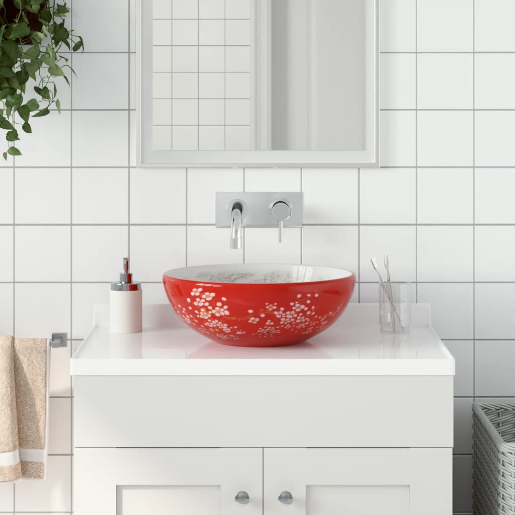 vidaXL Countertop Basin White and Red Round ‘_41x14 cm Ceramic