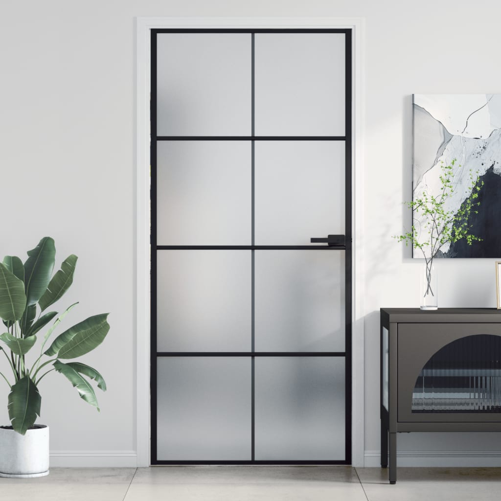vidaXL Interior Door Slim Black 93x201.5 cm Tempered Glass and Aluminium