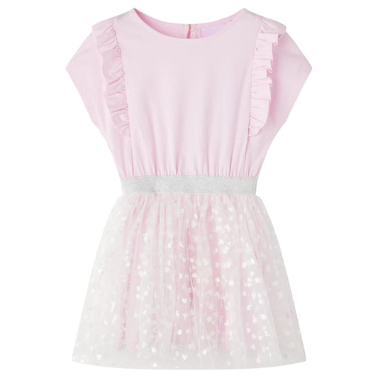 Kids' Dress with Ruffles Shiny Heart Print Light Pink 128