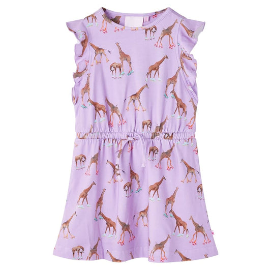 Kids' Dress with Ruffle Sleeves and Drawstring Giraffe Print Lila 140