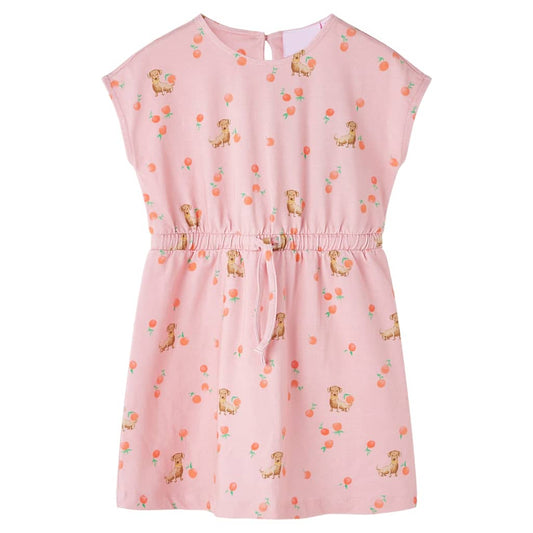Kids' Dress with Drawstring Puppy and Fruit Print Light Orange 116