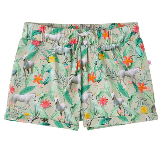 Kids' Shorts with Drawstring Unicorn and Plant Print Light Khaki 92