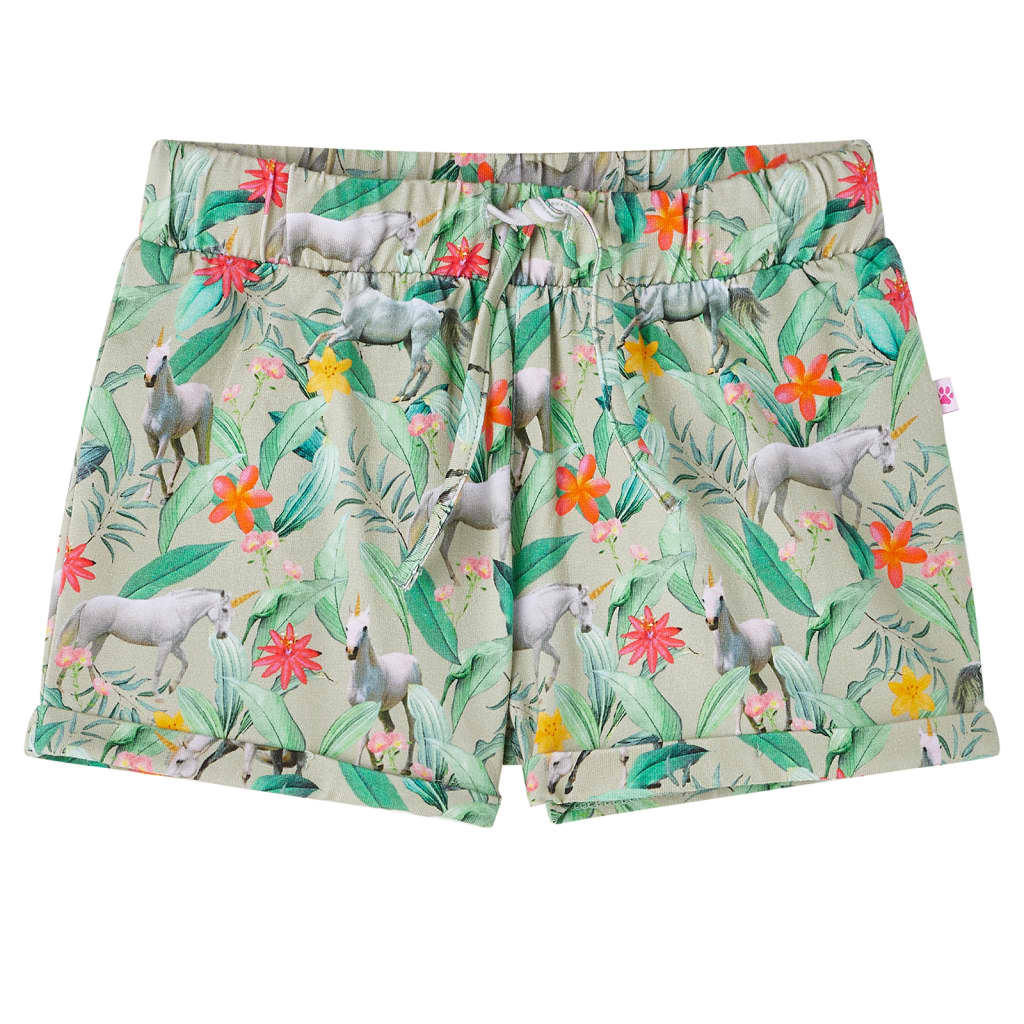 Kids' Shorts with Drawstring Unicorn and Plant Print Light Khaki 104