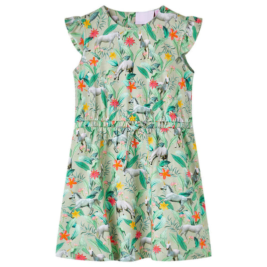 Kids' Dress with Flying Sleeves Unicorn and Plant Print Light Khaki 128