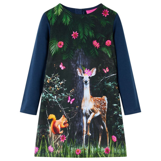 Kids' Dress with Long Sleeves Deer Print Navy 92
