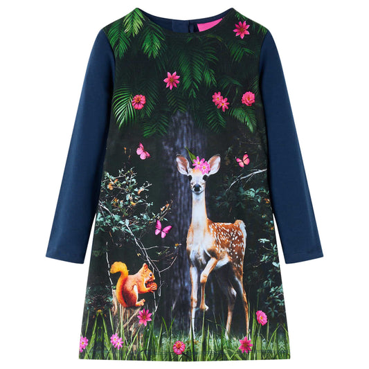 Kids' Dress with Long Sleeves Deer Print Navy 140