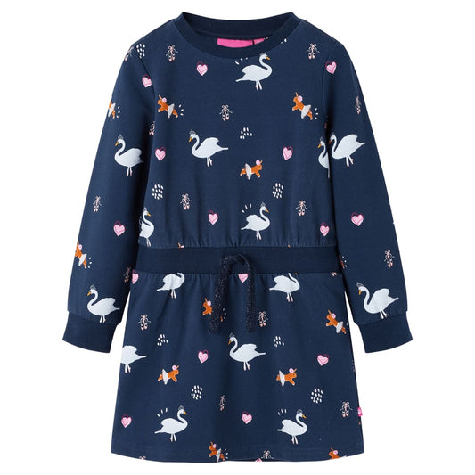Kids' Dress with Long Sleeves Swan Print Navy 104