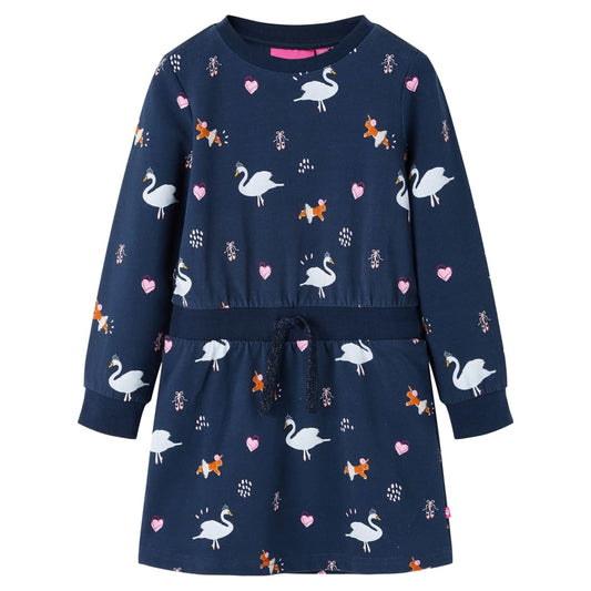 Kids' Dress with Long Sleeves Swan Print Navy 128