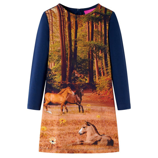 Kids' Dress with Long Sleeves Horses Print Navy 128