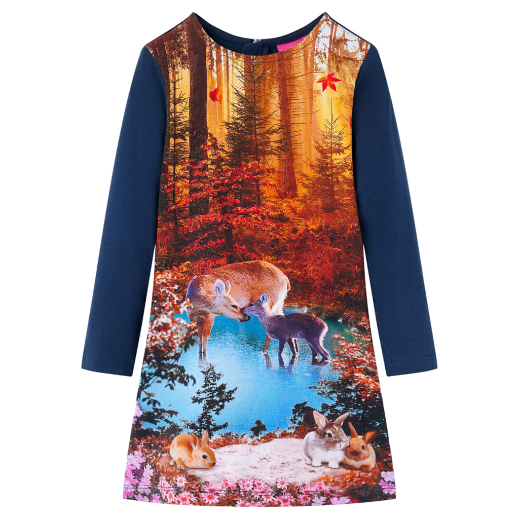 Kids' Dress with Long Sleeves Deer Print Navy 140